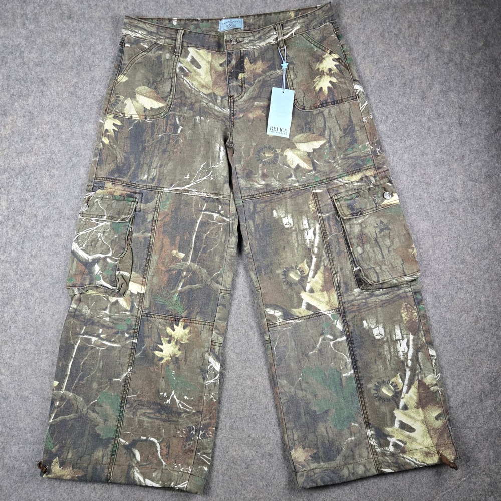 New Revice Denim Cargo Pants Womens 32 Green Camo Amella Oakland Wide Leg NWT